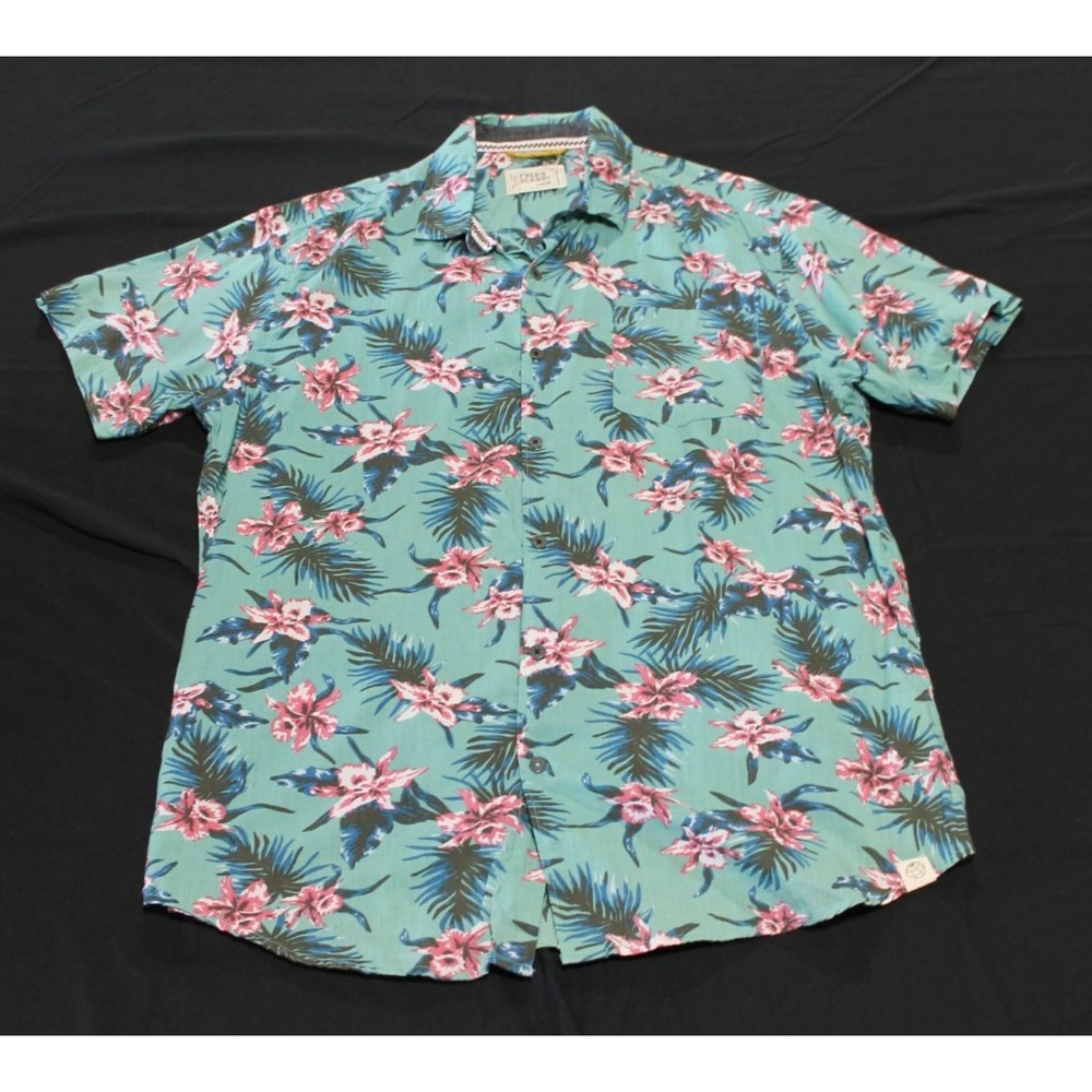 Free Planet Tropical Floral Button Up Shirt Mens Large Green Pink Short Sleeve